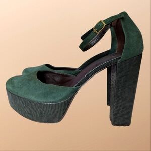 Diane Von Furstenberg Green Suede Block Heel Platform Pumps With Ankle Strap 9.5